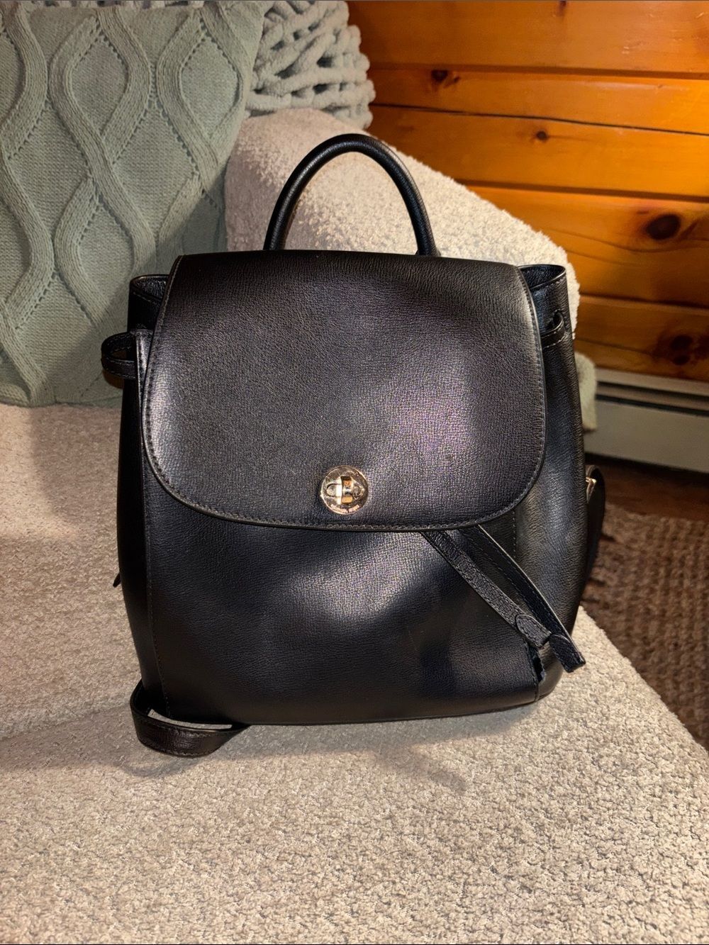 Michael Kors Black Leather Backpack with Gold-Tone Turn Lock